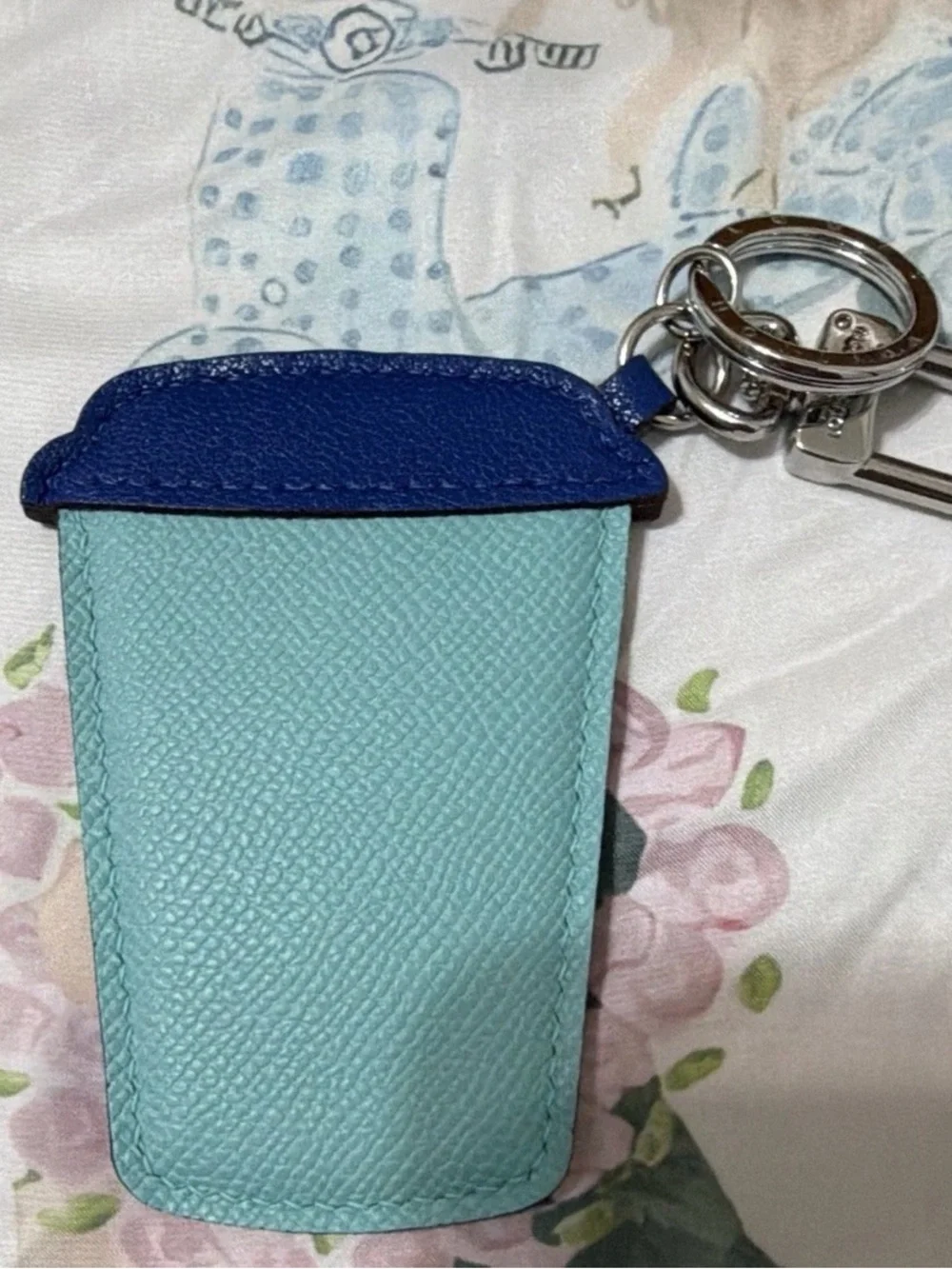 Handmade Upcycled from Louis Vuitton bags /Blue Leather Coffee Cup Keychain Char